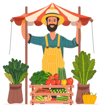 A farmer selling fresh produce under a market stall. png