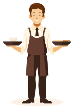 A smiling waiter carrying trays of food and drink. png