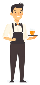 A friendly waiter holding a tray with a beverage. png