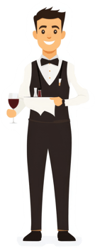 A smiling waiter carrying a tray of wine and small dishes. png