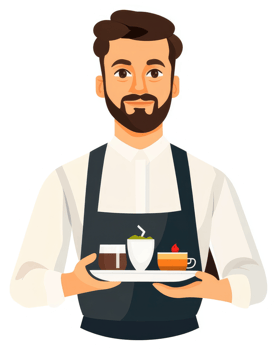 A friendly waiter carrying a tray of various beverages and desserts. png