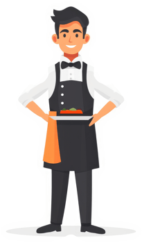 A smiling waiter holding a tray of food. png