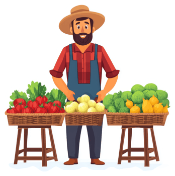 A farmer stands proudly beside baskets overflowing with fresh produce. png