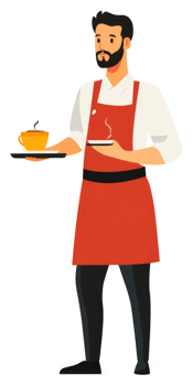 A male barista in a red apron serving a hot beverage. png