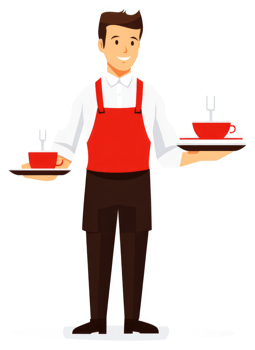 A friendly cafe worker carrying trays of drinks. png