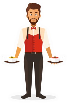 A waiter serving two different dishes in a restaurant. png