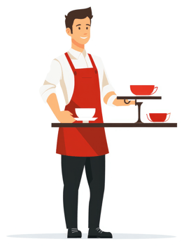 A smiling cafe worker carrying a tray of cups. png