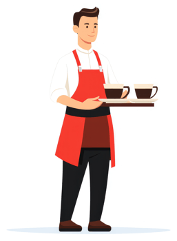 A friendly waiter carrying a tray of coffee cups. png
