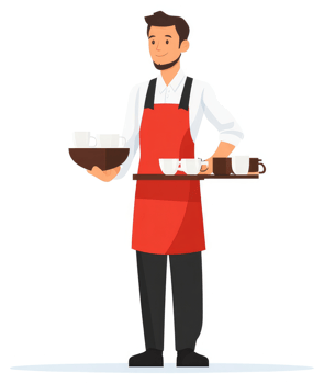 A smiling barista carrying a tray of coffee cups. png