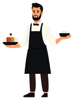 A waiter holding a tray with food and drinks. png