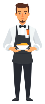 A friendly waiter presenting a dish of food. png