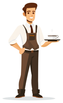 A smiling waiter in a brown apron holding a tray with a steaming cup of coffee. png