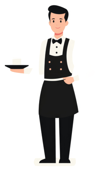 A smiling waiter holding a platter in a black and white uniform. png