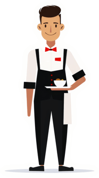 A smiling waiter in a formal uniform holding a tray of food. png