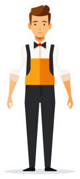 A cartoon illustration of a person wearing a white shirt, a dark-colored pants and an orange apron. png