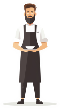 A bearded chef in a uniform holding a dish. png