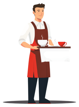 A smiling cafe worker carrying a tray with steaming cups of coffee. png