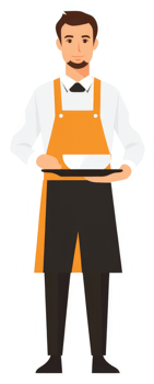 A male waiter in an orange apron carrying a tray of food. png