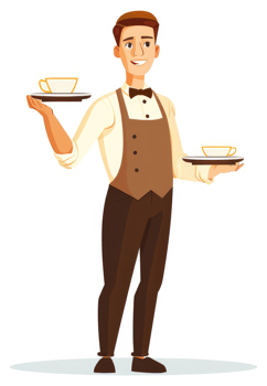 A friendly waiter carrying trays of drinks. png