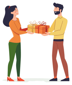 A woman and a man exchanging gifts. png