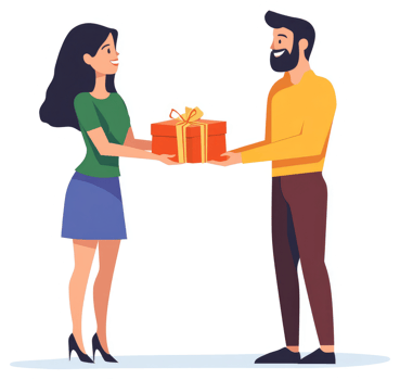 A woman giving a gift to a man. png