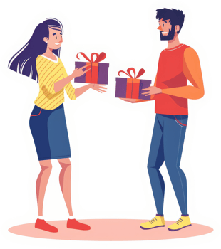 A woman and man exchanging gifts. png