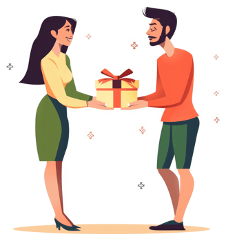 A woman gifting a present to a man. png