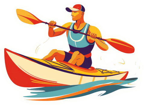 A man paddles a colorful kayak on the water. png