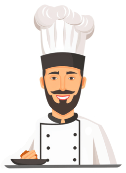 A cheerful chef preparing a dish in a stylized illustration. png