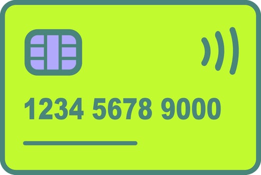 Modern illustration of a credit card featuring a chip, card number, and contactless signal, representing digital payments and banking. vector