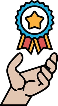 A hand holding a blue ribbon with a star on it vector