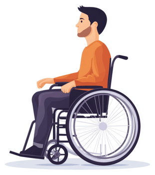 A man in an orange shirt sits in a wheelchair. png