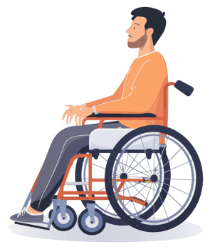A man in an orange wheelchair, thoughtful and contemplative. png