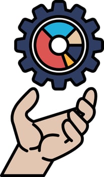 A hand holding a gear with a pie chart on it vector
