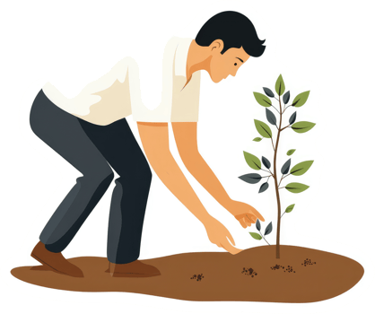 A person carefully plants a young sapling in the earth. png