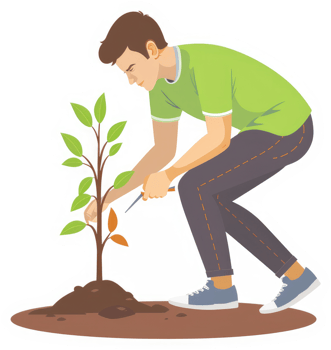 A young man carefully plants a seedling in the earth. png