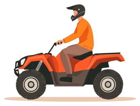 A person wearing a helmet drives an orange all-terrain vehicle. png