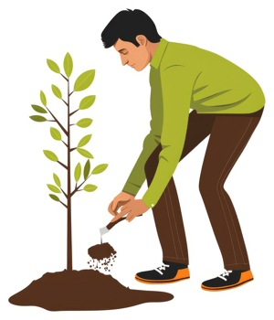 A man carefully plants a young sapling in the ground. png