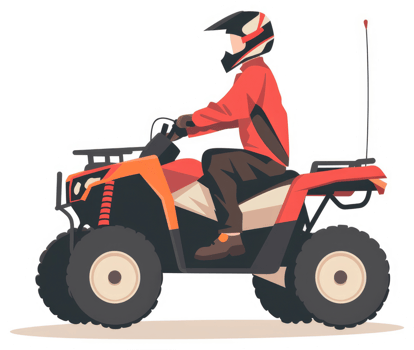 A person in protective gear riding an orange and red all-terrain vehicle. png