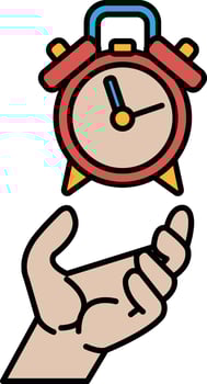 A hand holding a red alarm clock with the time of 1030 vector
