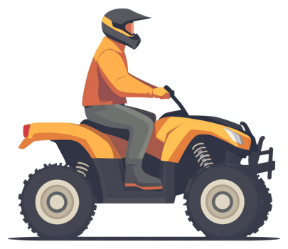 A person riding an orange all-terrain vehicle. png