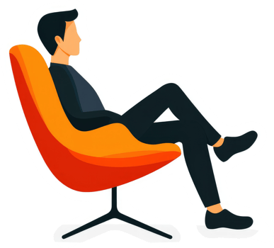 A person relaxing in an orange modern armchair. png