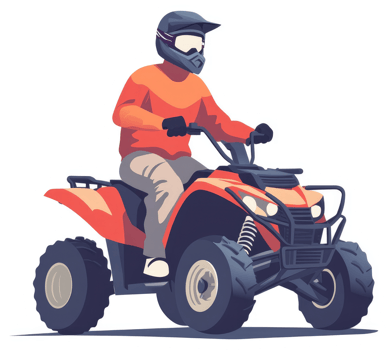 A person riding an orange and red four-wheeler. png