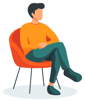 A man sitting in an orange chair, contemplating. png