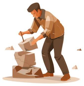 A stonemason carefully arranges and shapes large stones. png