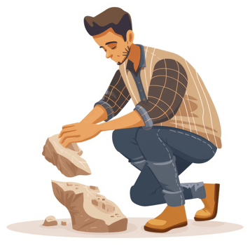 A man meticulously examines a large rock, studying its structure. png