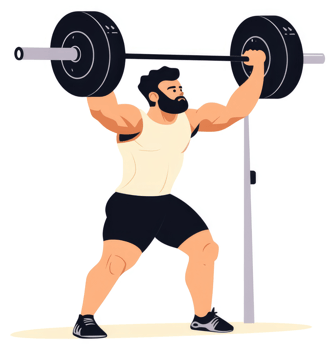A muscular man performs a barbell overhead press exercise. png