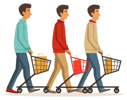 Three men pushing shopping carts in a line at a grocery store. png