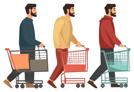 Three people pushing shopping carts in a line. png