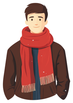 A young man wearing a warm red scarf and brown jacket in winter. png
